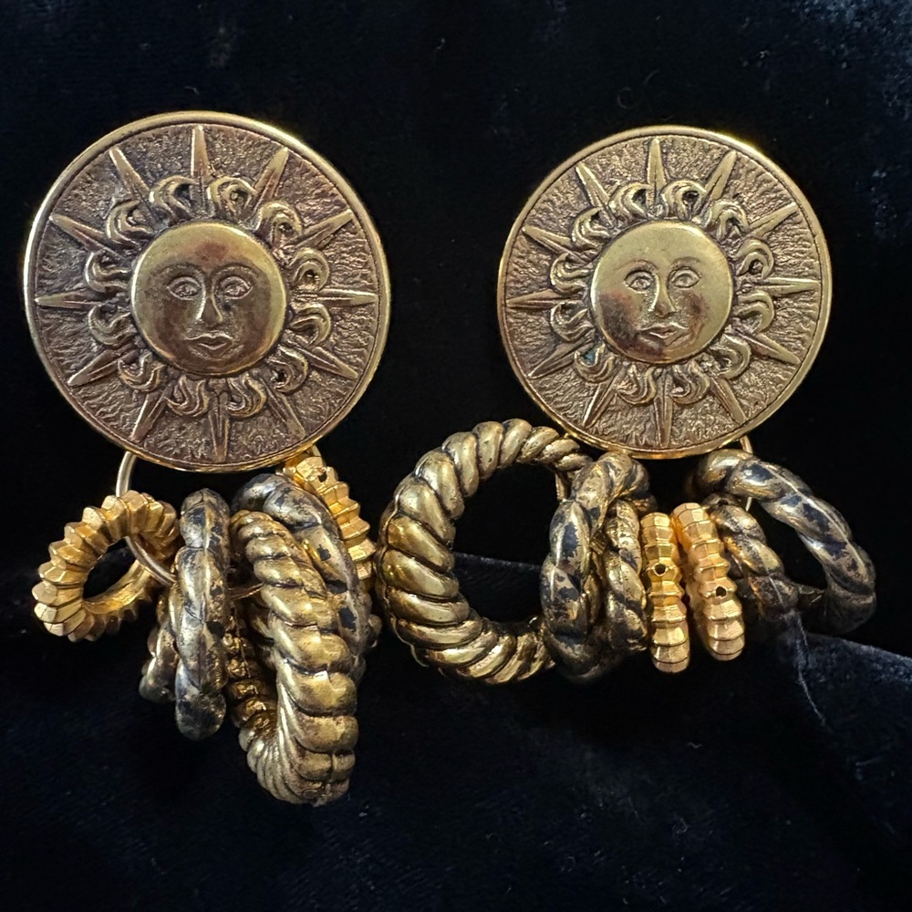 Vintage Sun Clip-On Earrings | Bold Gold Statement Hoops | Celestial 80s Glam